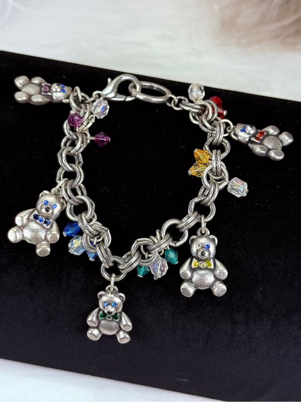 Vintage Aged Silvertone Teddy Bear Charm Bracelet